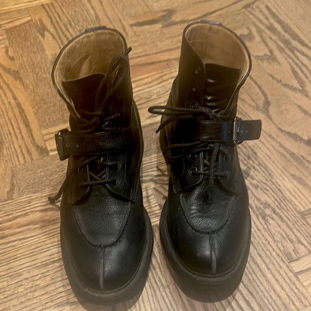 Churches, black leather ankle boots buckle top sz 9 1/2 or 10